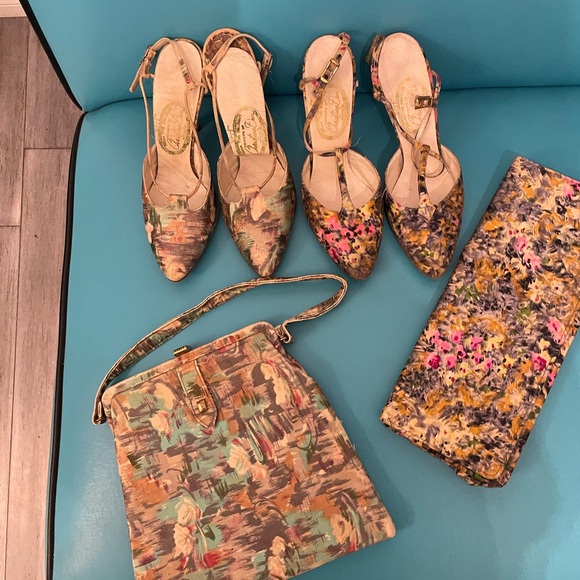 Vintage Dior 1920s Floral Print Shoes and Bag Set - Picture 1 of 9